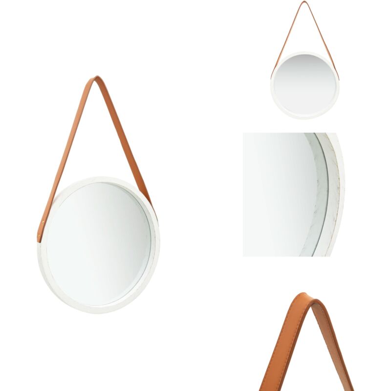 Wandspiegel mit Gürtel 40 cm Weiß - Vintage Spiegel - Wandspiegel - Runder Spiegel - Dekorativer Spiegel - Paulownia Holz