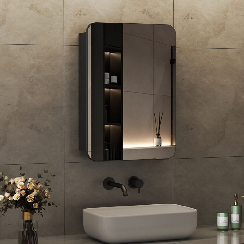 Spiegelschrank 50x70cm Spiegelschränke Badschrank Wandschrank Hängeschrank Medizinschrank Metall Badezimmerschrank Spiegelschrank Schwarz