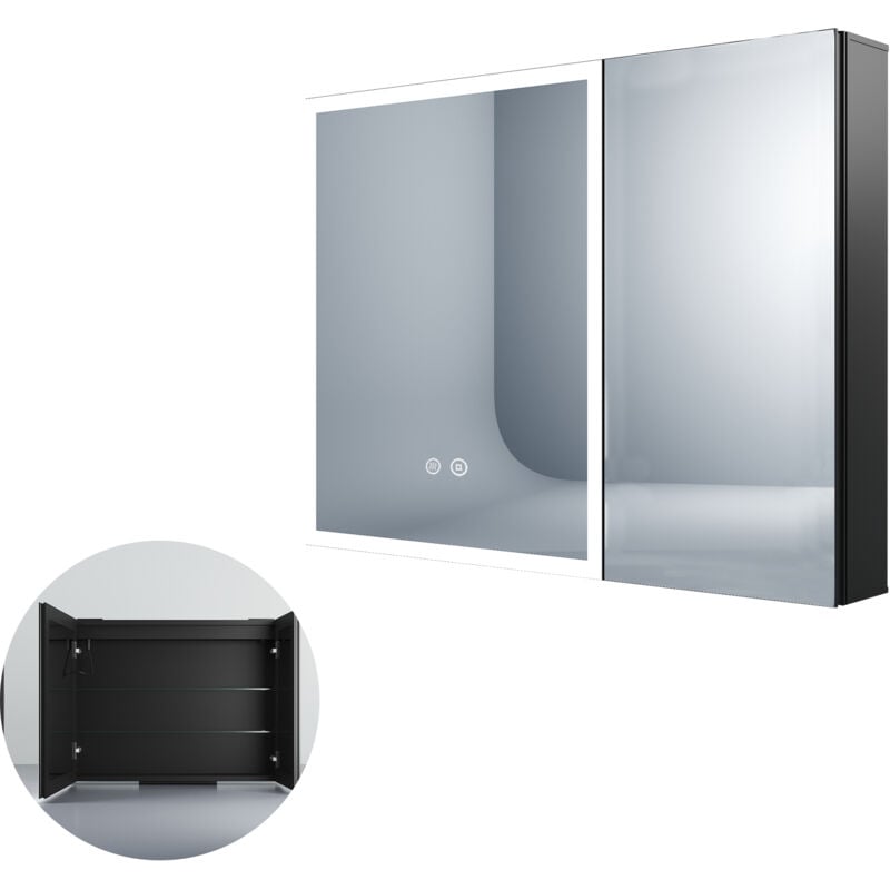 Boromal - Spiegelschrank Bad mit led Beleuchtung 80 x 60 x 12,5 cm Schwarz Badezimmer Spiegelschrank mit Beleuchtung Metall Badezimmerschrank mit