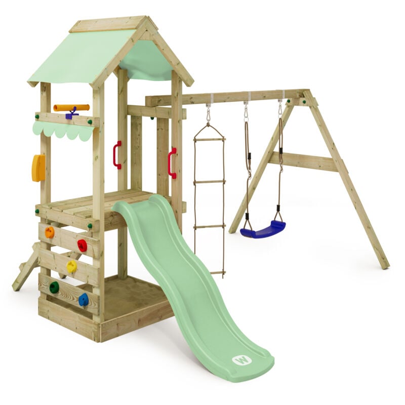 Spielturm Klettergerüst FreshFlyer mit Schaukel & Rutsche, Stelzenhaus mit Sandkasten, Kletterleiter & Spiel-Zubehör – Pastellgrün - Wickey
