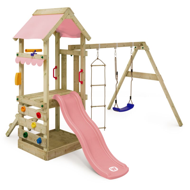Spielturm Klettergerüst FreshFlyer mit Schaukel & Rutsche, Stelzenhaus mit Sandkasten, Kletterleiter & Spiel-Zubehör – Pastellpink - Wickey