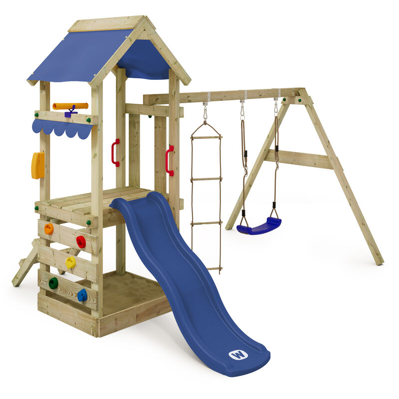 Spielturm Klettergerüst FreshFlyer mit Schaukel & Rutsche, Stelzenhaus mit Sandkasten, Kletterleiter & Spiel-Zubehör - blau - Wickey
