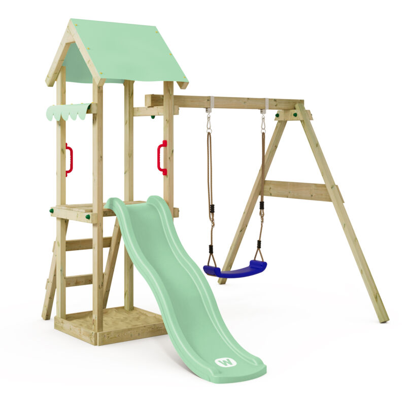 Spielturm Klettergerüst TinyWave mit Schaukel & Rutsche, Kletterturm mit Sandkasten, Leiter & Spiel-Zubehör – Pastellgrün - Wickey