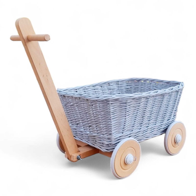 Spielzeugwagen aus Weide in Grau. Leiterwagen für Spielzeug. Weidenkorb für Spielzeug
