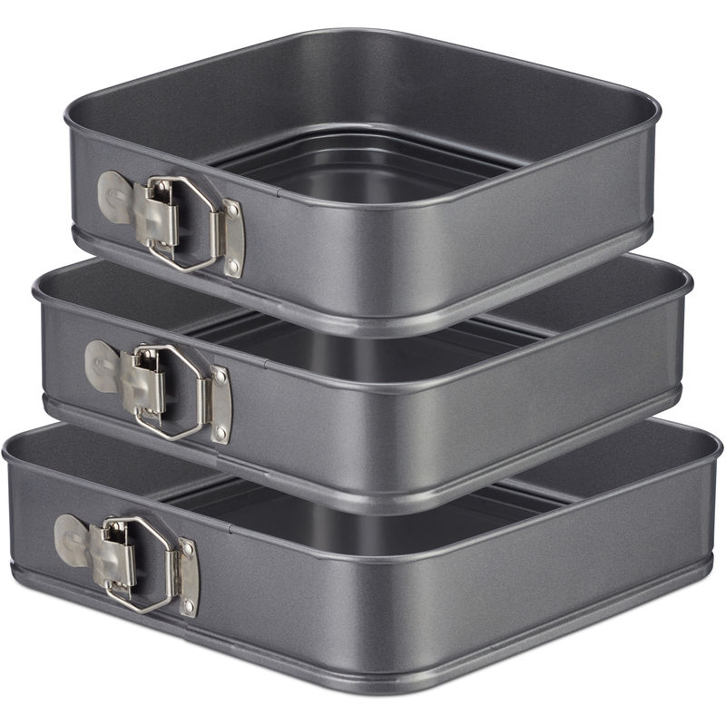Springform quadratisch 3er Set, antihaftbeschichtet, eckige Kuchenform, Carbonstahl, 24, 26 & 28 cm, anthrazit - Relaxdays