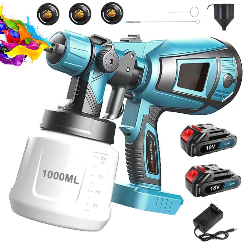 Mawiron - Sprühfarbe, 1000 ml kabellose Handspritzpistole HVLP-Farbspritzpistole Farbpistolen 3 Sprühmuster, für Zäune, Schuppen, Terrassendielen,