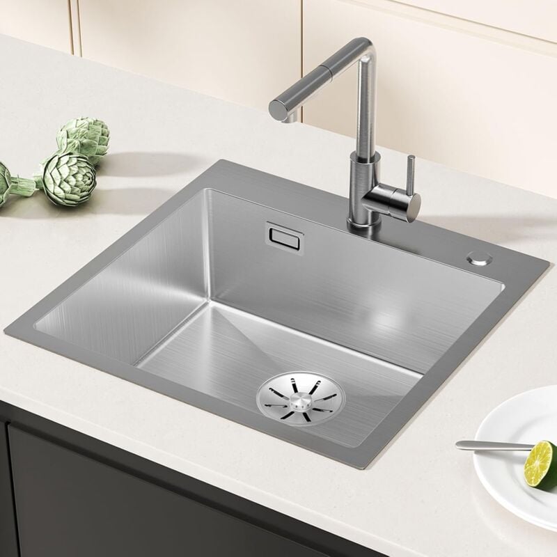 Spülbecken Küche 50×48cm, Spüle Küche Modern, Einbauspüle Eckig, Küchenspüle Edelstahl sus 304, Waschbecken Küche ab50er Unterschrank, Edelstahlspüle