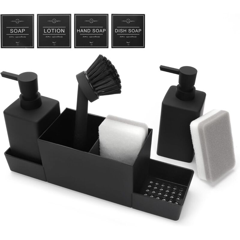 Spülmittelspender Küche, Seifen und Spülmittelspender Set, Spüli und Seifenspender Küche Set mit Schwammhalter Bürste, Spülbecken Organizer schwarz
