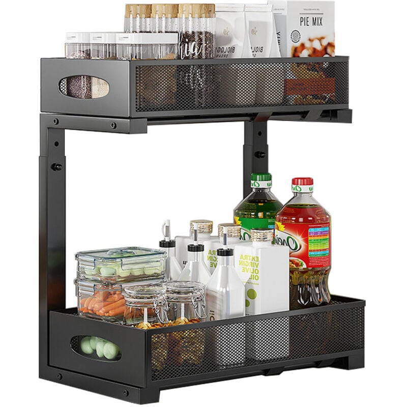 Spülschrank Organizer, 2 Etagen Metall Ausziehbares Unter Waschbecken Regal mit Schiebeschubladen, Unter Spüle Spülenunterschrank Organizer für