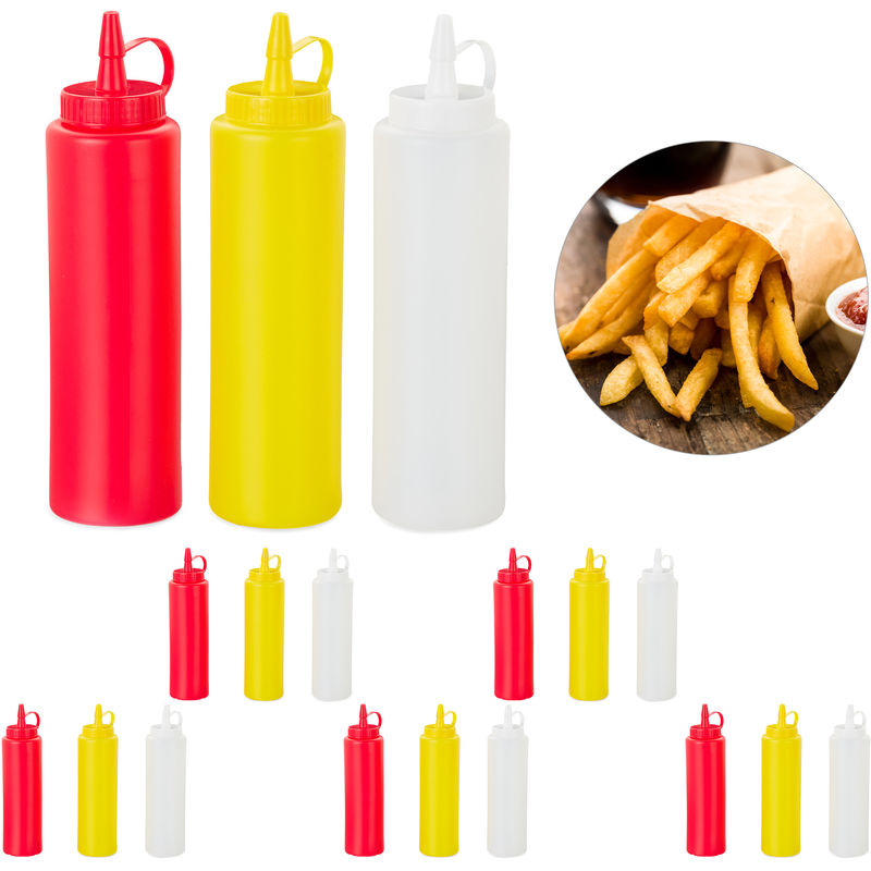 18 x Squeeze Flasche, für Saucen, zum Quetschen, nachfüllbar, Zuhause & Gastronomie, Dosierflasche 400 ml, rot/gelb/weiß