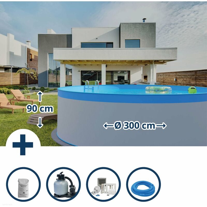Stahlwandpool Set (6-teilig) rund 300 x 90 cm, Stahl 0,3 mm weiß Folie 0,2 mm blau