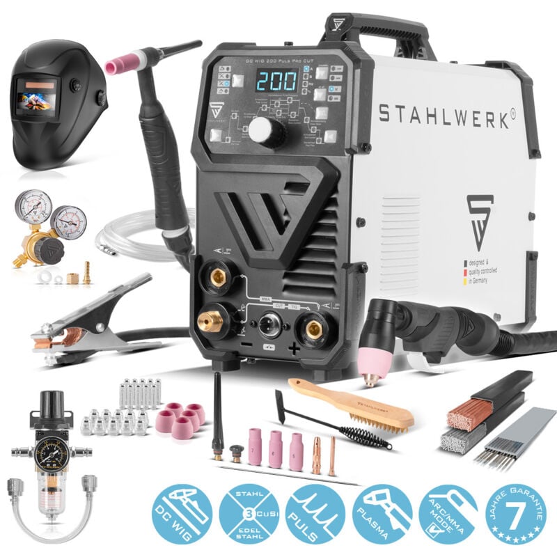 STAHLWERK Kombi-Schweißgerät DC WIG 200 Puls Pro 4-in-1 CUT Vollausstattung