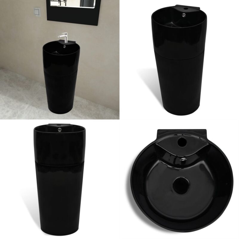 Standwaschbecken Keramik mit Loch für Überlauf/Armatur Schwarz - Keramik Waschbecken - Schwarzes Waschbecken - Freistehendes Waschbecken