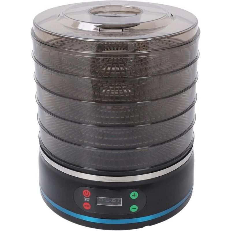 Stapelbarer Dörrautomat aus Edelstahl mit 5 Einschüben, einstellbarem Digitaltimer und Temperaturregelung – ideal zum Trocknen von Obst, Fleisch,