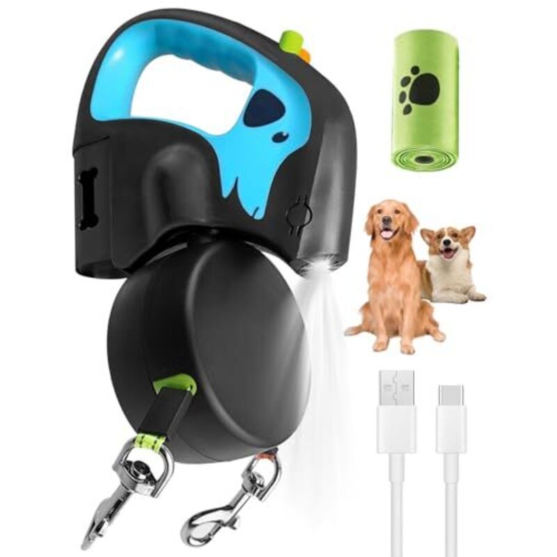 Doppelte einziehbare Hundeleine für 2 Hunde bis zu 20 kg, 3 m ausziehbare Nylonleine, 360° verwicklungsfrei, rutschfester Griff, wiederaufladbare