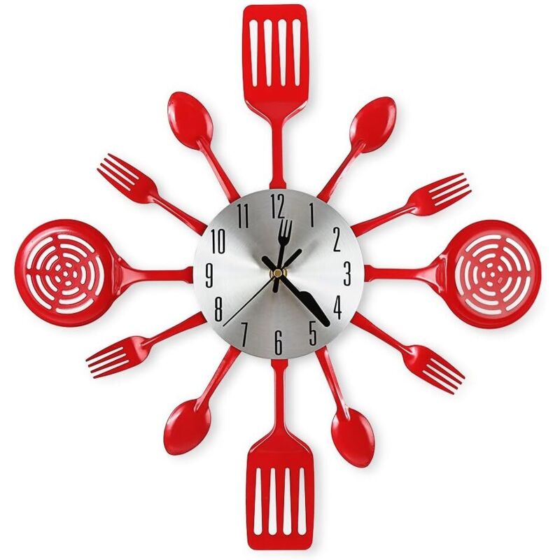 KZQ - 16 Zoll große Küchen-Wanduhren mit Löffeln und Gabeln, tolle Heimdekoration und schöne Geschenke, Rot