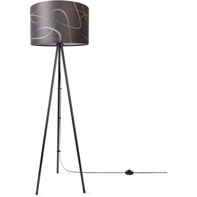 Paco Home Stehlampe Wohnzimmer Lampenschirm Stoff Stehleuchte Leselampe Abstrakt Vintage Design 2 (Ø45,5 cm), Stehleuchte Dreinbein - Schwarz