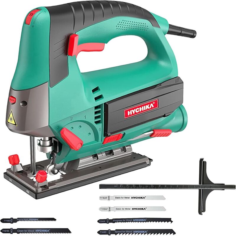 Stichsäge 800 w Maximale Schnitttiefe 110 mm, 800-3000SPM Hychika Elektro-Stichsäge mit Laser, 6 variable Geschwindigkeiten und 0-3 Orbitalposition,