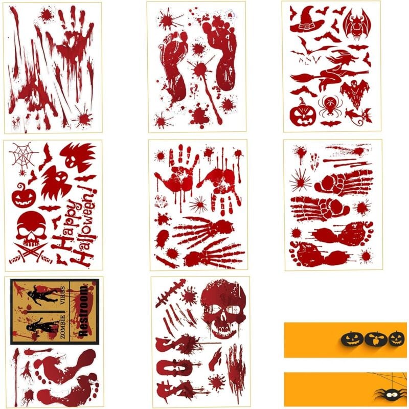 Halloween Fensteraufkleber, 8 Bögen Halloween Blutige Hände Aufkleber, Halloween Dekorationen Handabdruck Blutiger Fußabdruck, für Fenster, Boden,