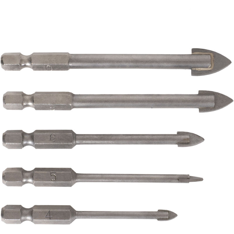 Fliesenbohrer Set 5-teilig, 1/4 Zoll Bit hex Sechskant, umfangreiches Set Größe 4-10 mm, für (Schlag-)Bohrmaschine und Akkuschrauber, Viertel-Zoll