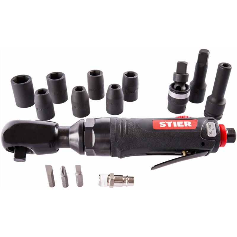 Stier - Ratschenschrauber-Satz 33-1, 14 teilig Set, 1/2 Zoll Antrieb, Kraft-Steckschlüsseleinsatz 1/2 Zoll, Stecknippel 1/4 Zoll, Umschaltfunktion am