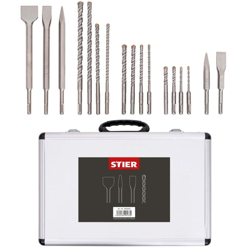 SDS-Plus Bohrer & Meißelsatz, 17-tlg Set im Metallkoffer, SDS-Plus Spitzmeißel, SDS-Plus Flachmeißel, SDS-Plus Breitmeißel, SDS-Plus Bohrer 260 mm