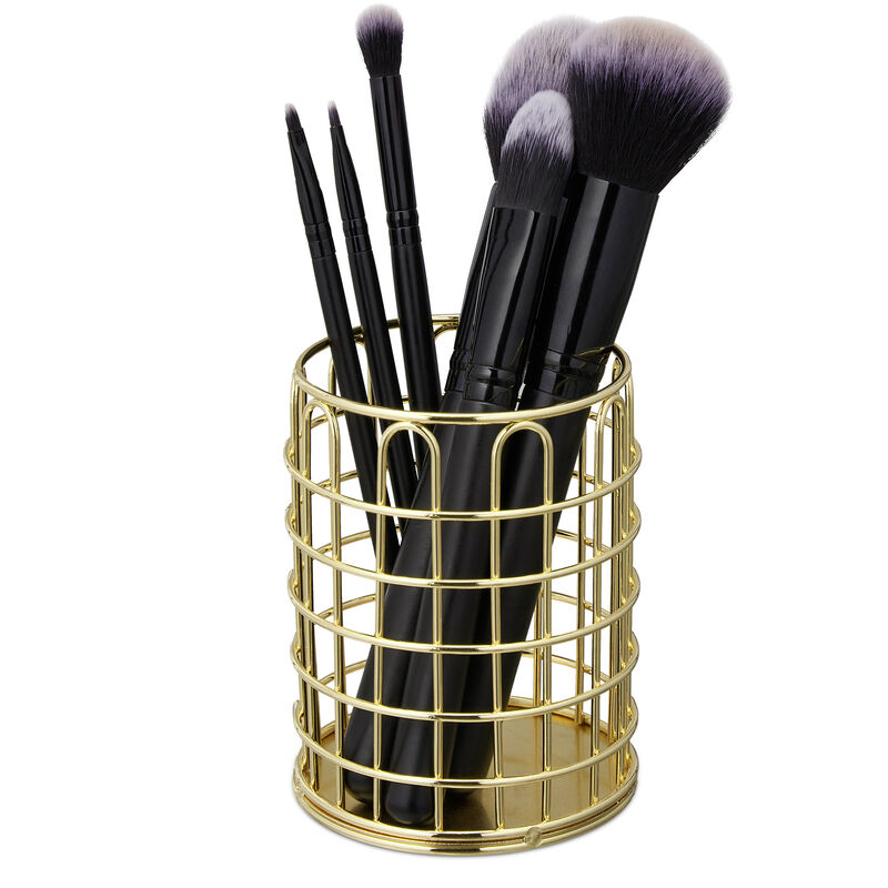 Stiftehalter Draht, rund, Pinselhalter Kosmetik, modern, Stiftebecher Schreibtisch, h x d: 10 x 8 cm, gold - Relaxdays