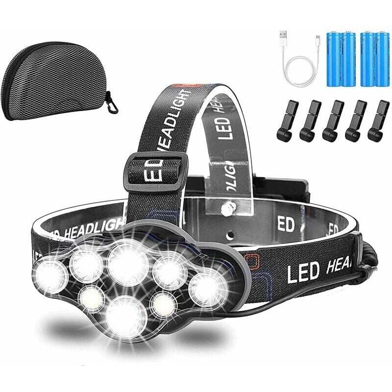 Stirnlampe, superhelle 8-LED-Stirnlampe, 18000 Lumen, wiederaufladbar über USB, wasserdicht, verstellbar, für Camping, Angeln, Höhlenforschung,