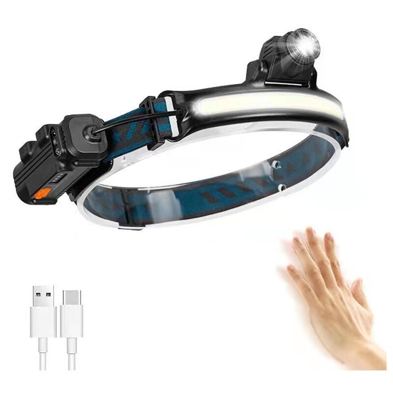 Stirnlampe, USB wiederaufladbar, LED-Taschenlampe, IP65 wasserdicht, Zoom-Stirnlampe mit empfindlichem Sensormodus für Angeln, Camping, Laufen,