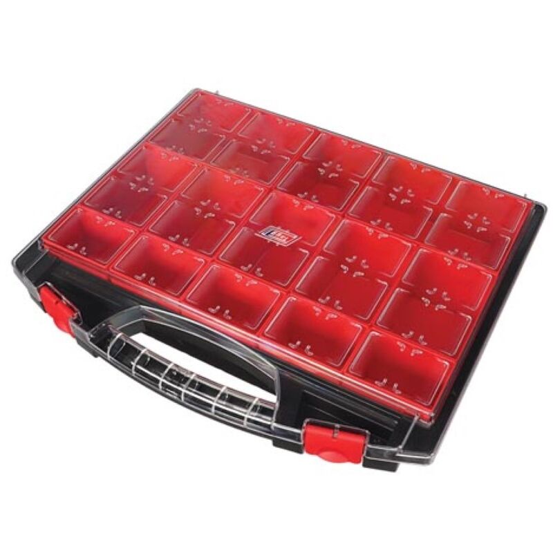 Tayg Sortimentskasten, 13 herausnehmbare Boxen, transparenter Deckel, stapelbar, 430 x 370 x 85 mm, Schwarz/Rot