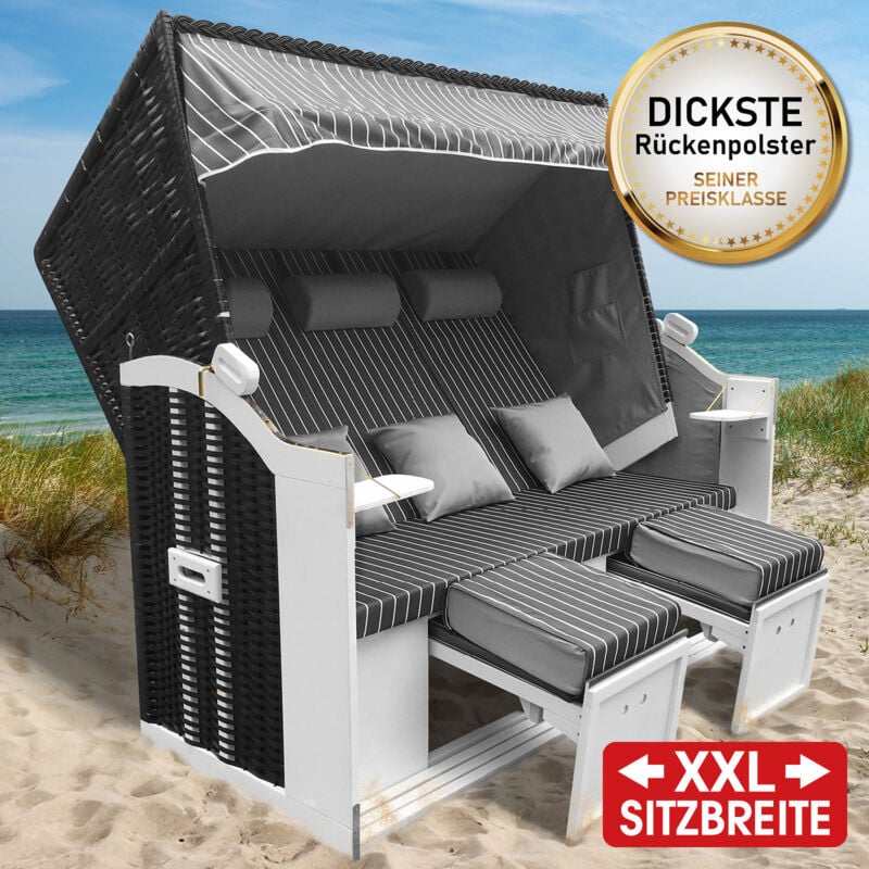 BRAST Strandkorb Usedom 3-Sitzer XXL für 2-3 Personen 165cm breit inkl. wetterfeste Abdeckhaube verstellbare Rückenlehne Fußkissen Anthrazit/Grau
