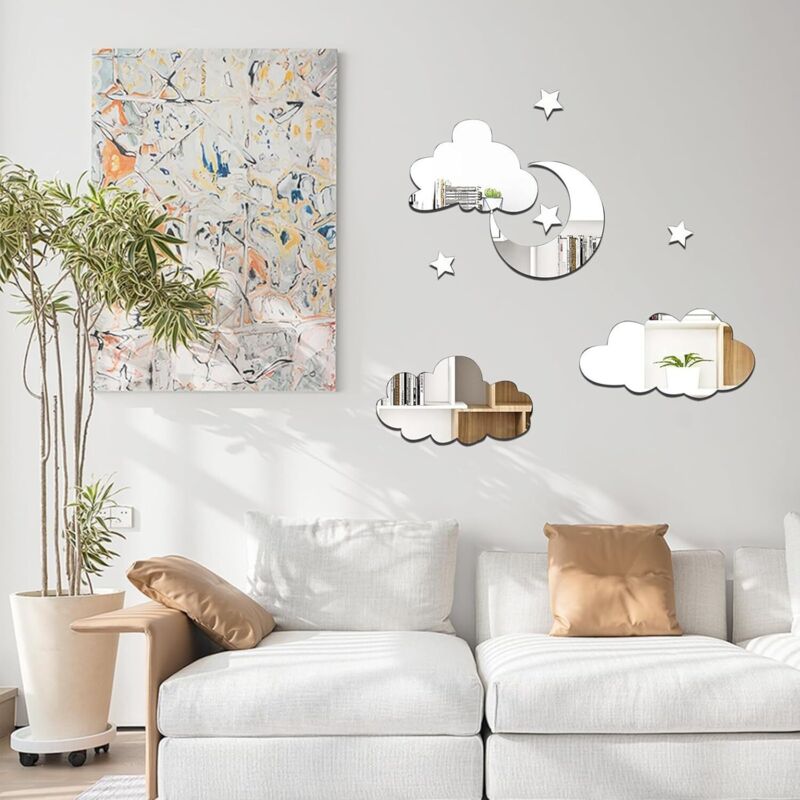 Stück Spiegel-Wandaufkleber, dekorative Acryl-Klebe-Wandtattoos, abnehmbar, DIY-Dekoration für Zuhause, Schlafzimmer, Wohnzimmer – Wolken, Mond,