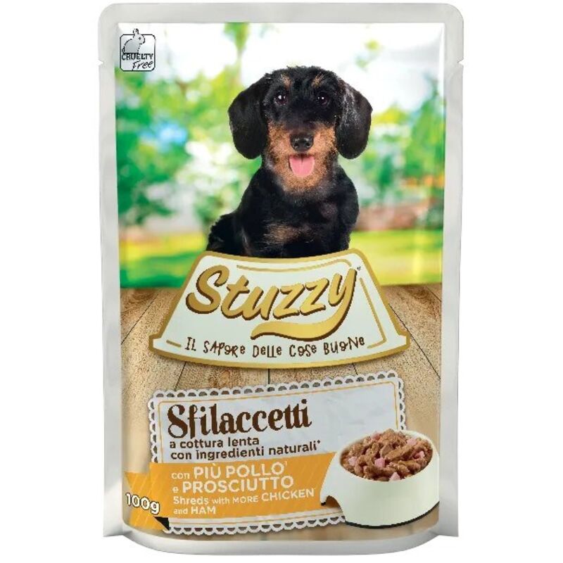 Nassfutter für Hunde STUZZY SHREDS mit Huhn und Schinken 100g