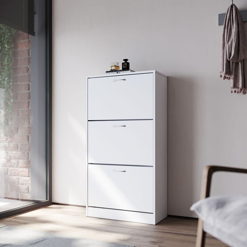 Sunxury - sonni Schuhschrank klein Weiß Schuhregal schmal mit 3 Klappen Verstellbarer Schuhschrank 63x120x30cm