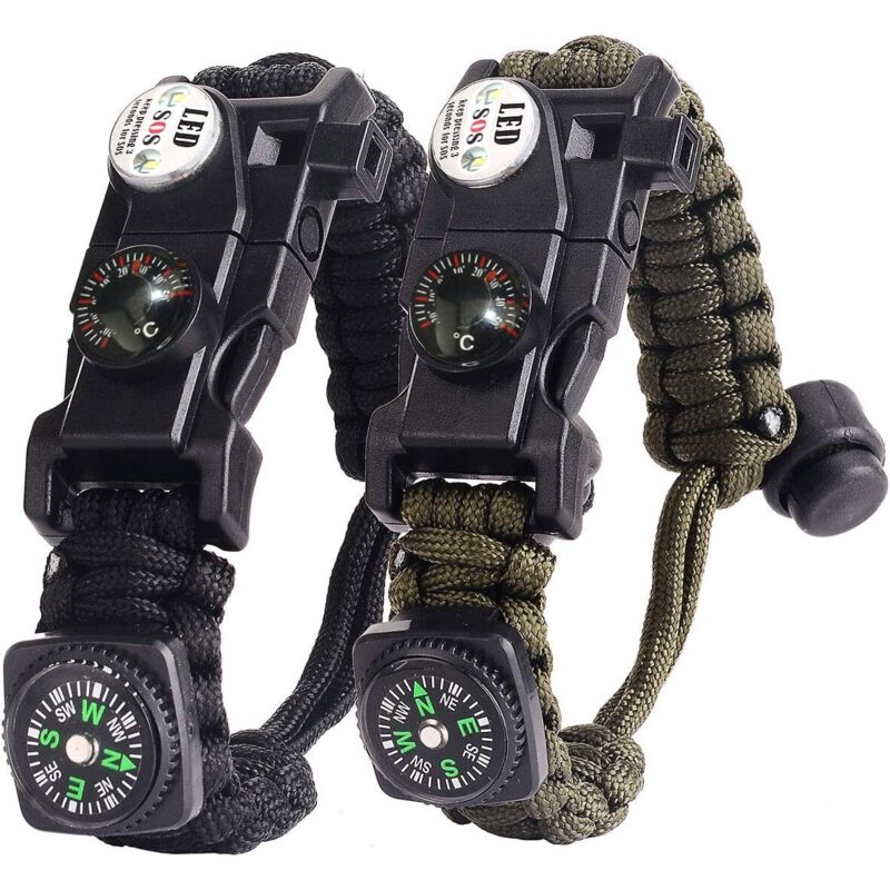 Survival-Armband aus Fallschirmschnur für Männer und Frauen, Militär-Armbandset aus Fallschirmschnur mit Feuerstein + Kompass + Thermometer + Pfeife