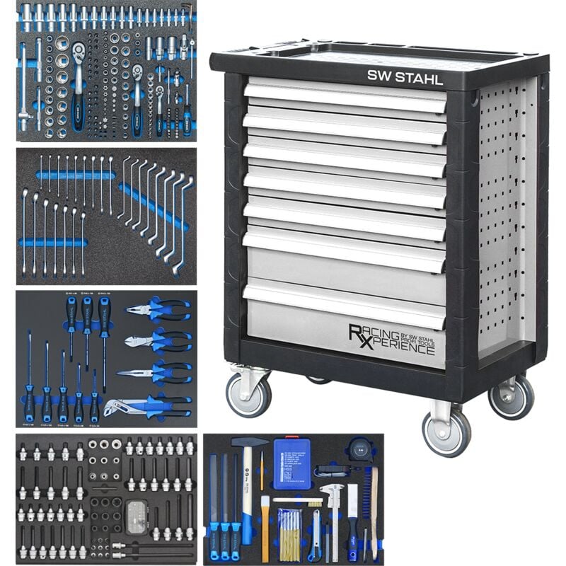 SW-Stahl Z3705 Werkstattwagen-Sortiment I Silber I bestückt 347 TLG I Werkstattwagen Werkzeugwagen gefüllt I Werkzeugschrank Lochwand I Werkzeug Set