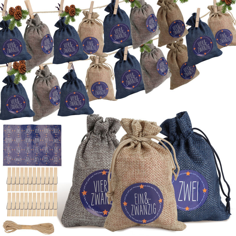 SWANEW 24 Adventskalender zum Befüllen, Adventskalender Stoffbeutel Säckchen mit 1-24 Sackleinen Taschen Jutesäckchen,Blau /weiß /grau