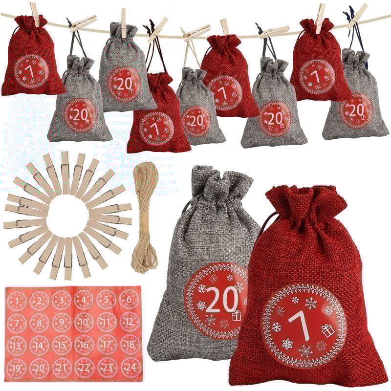 Swanew - 24 Adventskalender zum Befüllen, Stoffbeutel Geschenksäckchen Weihnachten für Weihnachtskalender, Adventskalender Säckchen mit 1-24