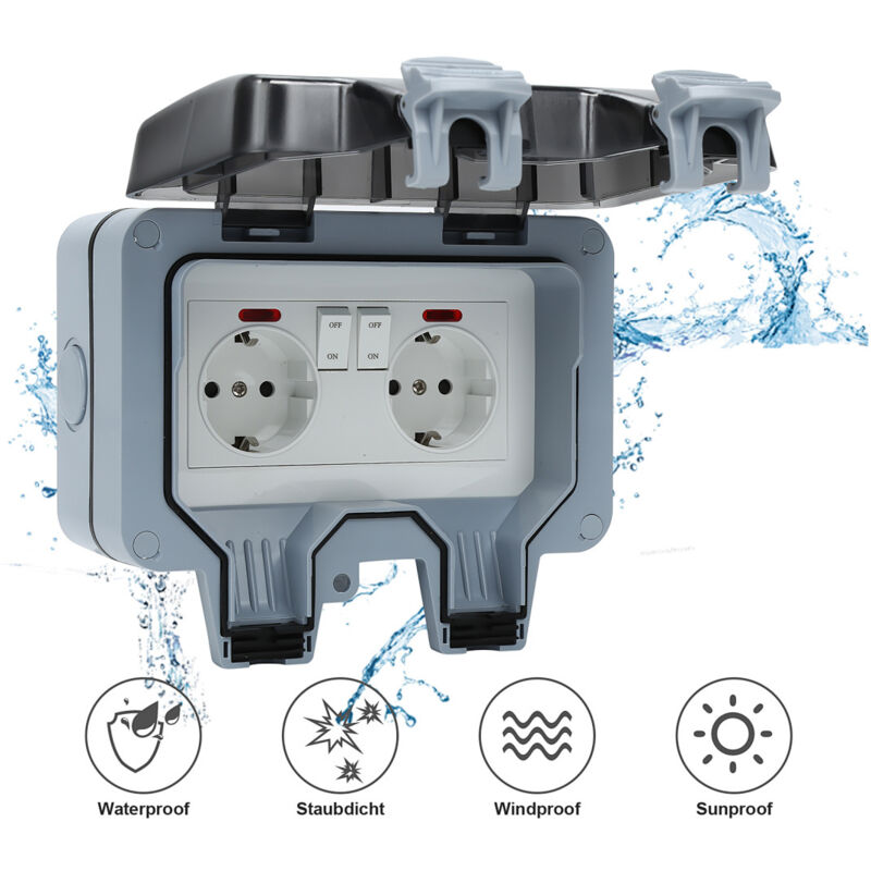 Außensteckdose Wandsteckdosen Gartensteckdose IP66 Wasserdicht Steckdose Outdoor Steckdose 16A 2 Fach