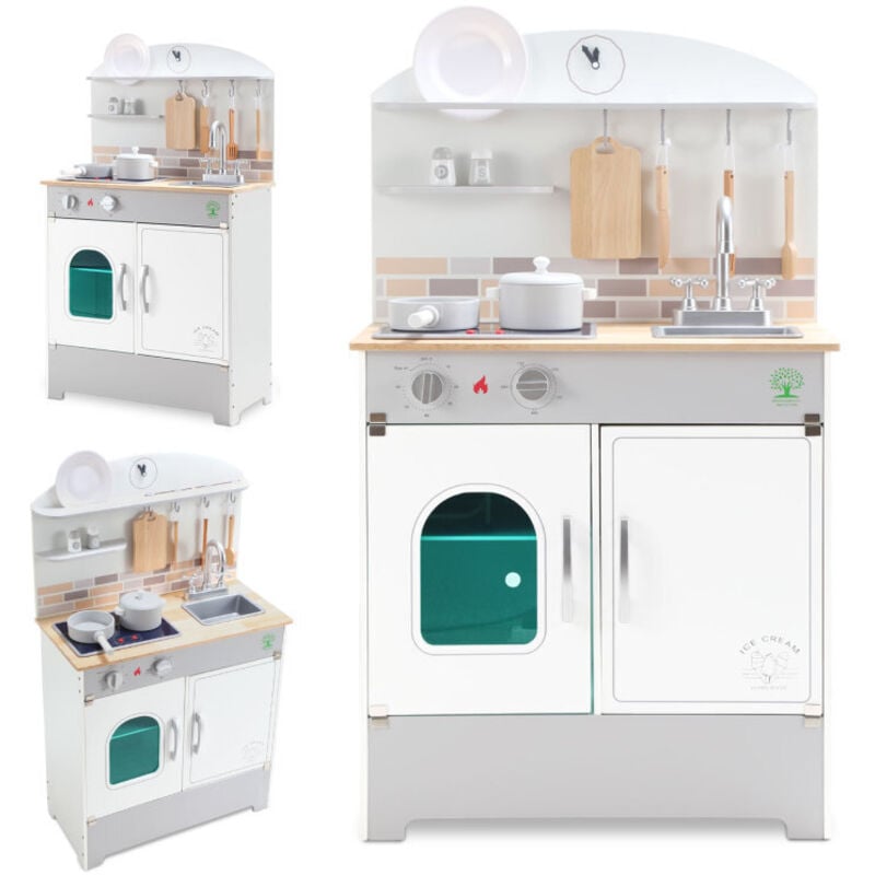 Kinderküche Puppenküche Set Kinder Küche mit Zubehör wie Mikrowelle, Backofen, Spüle, Kochgeschirr und Gewürze diy Spielzeugküche - Swanew