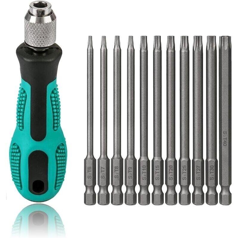 T6-T40 Torx-Schraubendreher, 11-teilig, 100 mm lang, magnetisches Torx-Bit-Set mit T30 und Griff, 1/4 Zoll Sechskantschaft, Akkuschrauber,