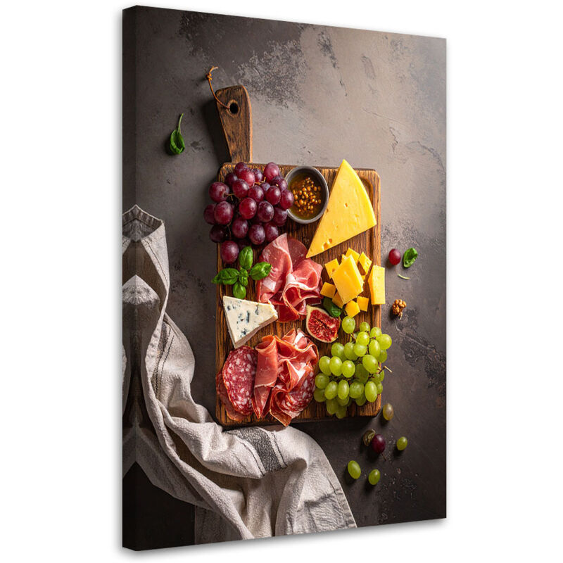 Wandbild Brett mit Wurst Käse und Weintrauben 70x100 cm