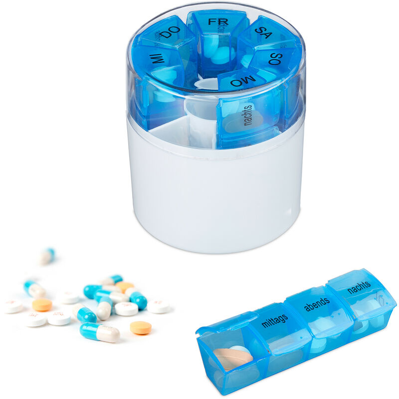 Relaxdays Tablettenbox 7 Tage 4 Fächer, morgens, mittags, abends, nachts, BPA-frei, Wochenbox für Medikamente, weiß/blau