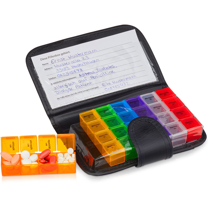 Tablettenbox mit Etui, 7 Tage, 4 Fächer, wöchentliche Pillendose für unterwegs & Reise, Tablettenetui, schwarz - Relaxdays