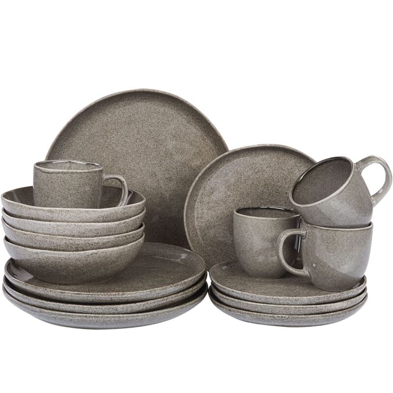 Tafelservice Grau Meliert Steinzeug Ton und Kaolin für 4 Personen 16-teilig Rund Handgefertigt Retro Geschirr Set Essgeschirr Küche Esszimmer