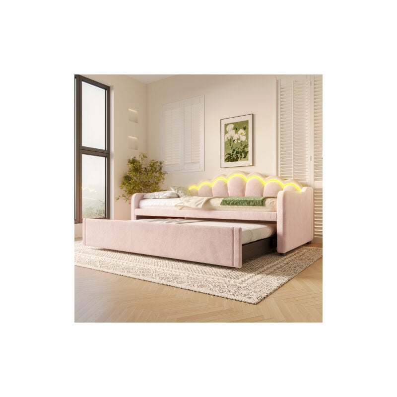 Einzel-Ausziehbett 90/180x200 cm, Schlafsofa, gepolstertes Doppelbett mit LED-Beleuchtung, in rosa Samt, ohne Matratze