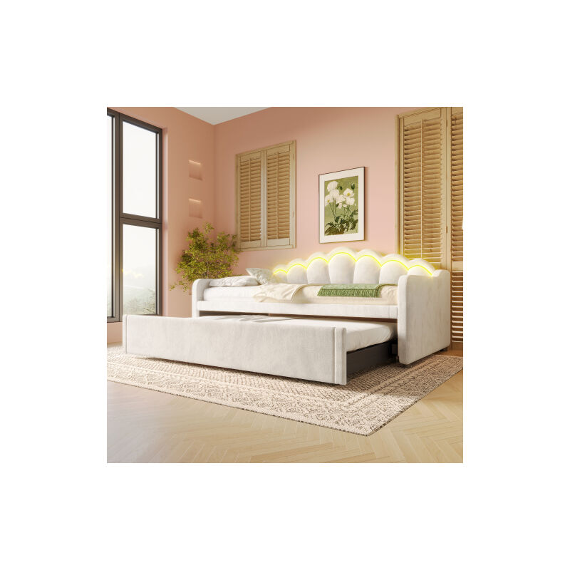 Einzel-Ausziehbett 90/180x200 cm, Schlafsofa, gepolstertes Doppelbett mit LED-Beleuchtung, in beigem Samt, ohne Matratze