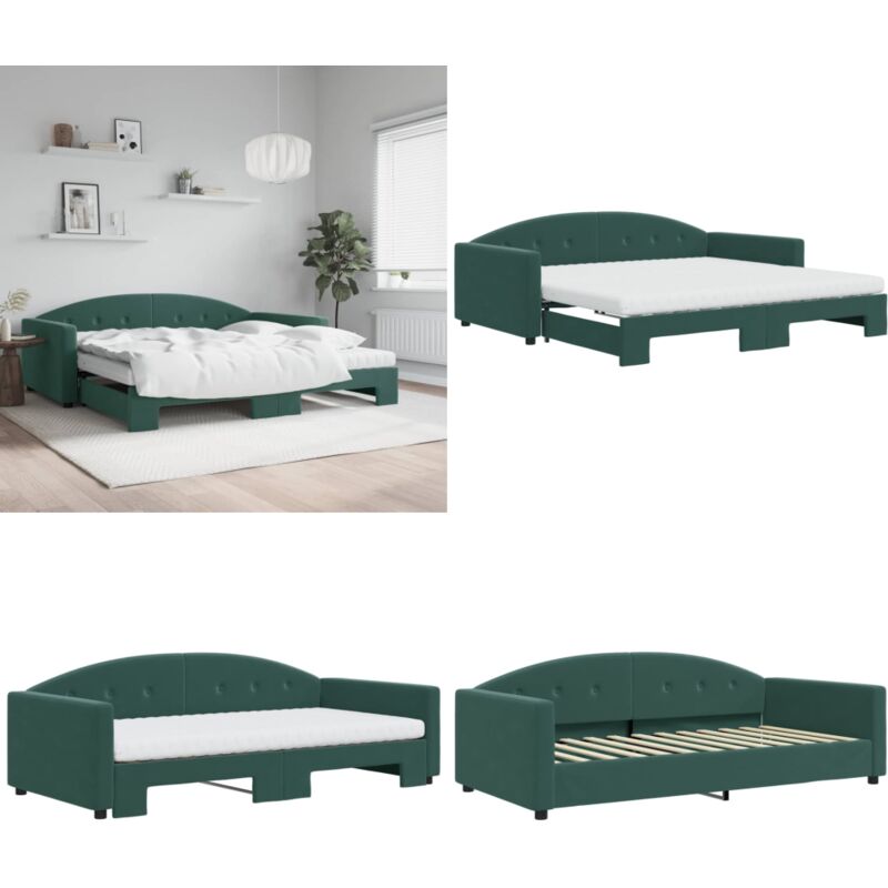 Tagesbett Ausziehbar mit Matratzen Dunkelgrün 100x200 cm Samt - Sofa Bett - Schlafcouch - Gästebett - Ausziehbares Bett - Tagesbett - Home & Living