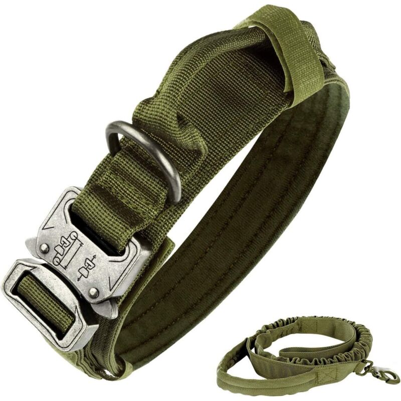 Taktisches Hundehalsband, Nylon, verstellbar, K9-Halsband, robuste Metallschnalle mit Griff und taktische Bungee-Hundeleine, Nylon (XL, Armeegrün)