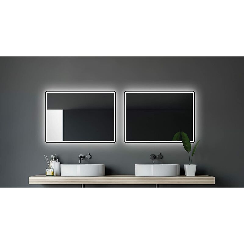 Black Moon Badspiegel mit Beleuchtung - led Badezimmerspiegel 80x60 cm - led Spiegel mit umlaufenden Raumlicht - Spiegel mit Lichtfarbe neutralweiß